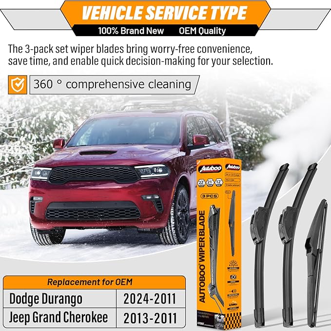 AUTOBOO 22"+21" Windshield Wipers with 12" Rear Wiper Blade Replacement for Dodge Durango 2011 2012 2013 2014 2015 2016 2017 2018 2019-2024, Jeep Grand Cherokee-Original Factory Quality (Pack of 3)