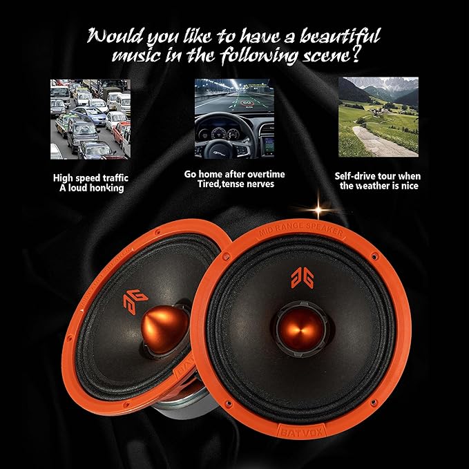 MX80E2 Midrange Loudspeaker 8" Orange Bullet, 640W Max, 4 Ohms, Premium Quality Audio Door Speakers for Car or Truck Stereo Sound System, Orange (2 Speaker)