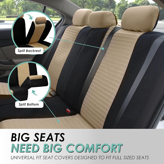 FH Group Car Seat Covers Three Row Set 7 Headrest Covers Car Accessories Universal Fit, Trendy Elegance 3D Air Mesh Airbag Compatible and Split Ready Beige Interior Accessories for Cars Trucks SUV