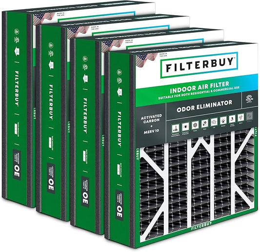 Filterbuy 20x25x5 Air Filter MERV 10 Odor & Allergy Defense with Activated Carbon (4-Pack), Electrostatic Pleated HVAC AC Furnace Filters for Trion Air Bear & More (Actual Size: 19.63 x 24.13 x 4.88)