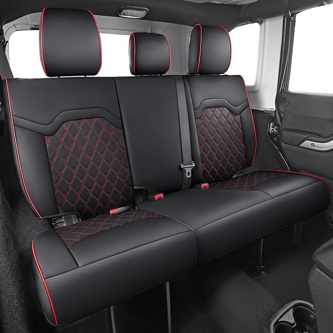 Huidasource Fit for GMC Sierra Back Seat Cover, Chevy Silverado Back Seat Cover 1500 2007-2013&2019-2026, 2020-2026 2500HD 3500HD Crew Cab WT LS LT, Sierra Rear Seat Covers Nappa Leather, Black＆Red