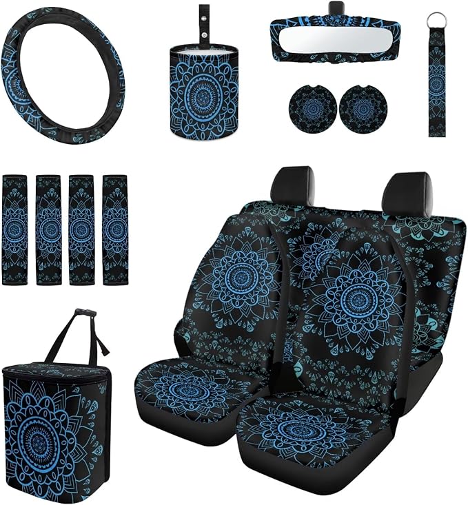 Blue Mandala Floral Car Accessories Car Seats Cover Protector, Steering Wheel Covers, Seatbelt Cover, Car Trash Can, Cup Coasters, Rearview Mirror Cover, Keychains, Pack of 15