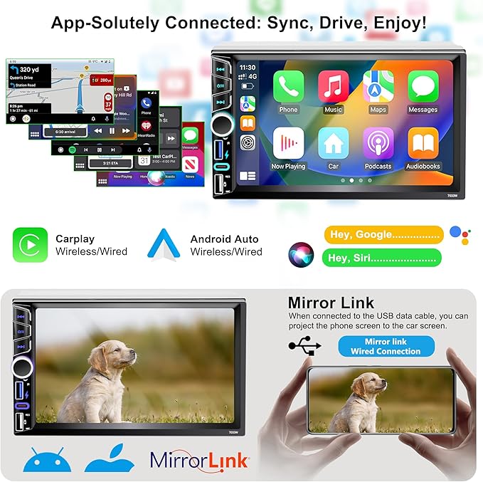 7" Double Din Car Stereo Compatible with Wireless Apple Carplay Android Auto|Bluetooth 5.2|180W Outputs|Subwoofer|FM|AM|USB|38W Fast Charge|Physical Knob|Backup Camera|Stereo for 7x4.02 2 DIN Size