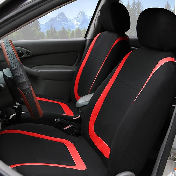 FH Group Unique Flat Cloth Car Seat Covers w. Steering Wheel Cover and seat Belt Pads- Universal Car, Truck, SUV, or Van Beige/Black