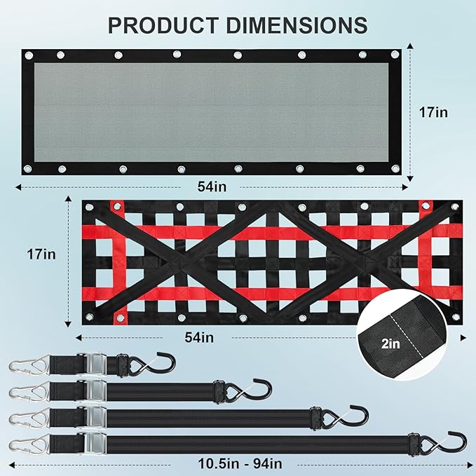 Heavy Duty Tailgate Net for Truck Bed with Detachable Cargo Mesh, Tailgate Net with 4 Adjustable Buckle Straps Compatible with Jeep, Pickup, Truck, Trailer, Boat, SUV (54"x17.7")