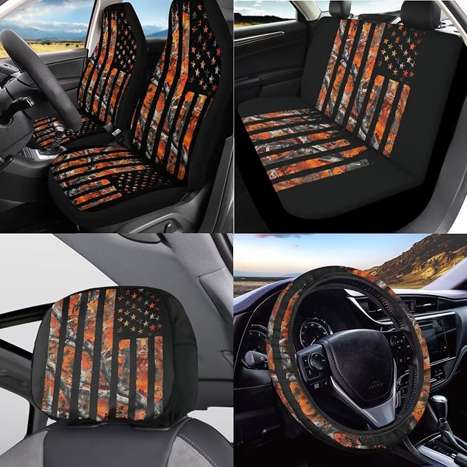 KEIAHUAN Car Seat Covers Front Back Includes Handbrake Gear Shift Knob Cover Steering Wheel Cover Headrest Cover Car Cup Coasters Auto Interior Accessories(Camo Hunting American Flag)
