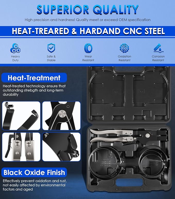 940387 Piston Ring Compressor Tool Set for Car Diesel Engines with Vehicle Maintenance Clamps, Ratchet Pliers and Storage Case, Piston Ring Band Sizes 2-7/8" to 4-3/8"