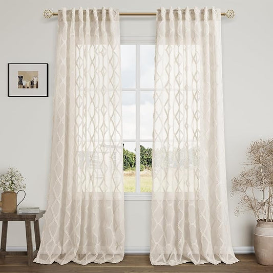 108 Inches Beige Sheer Curtains for Living Room Bedroom Farmhouse Boho Soft Light Filtering Curtains Back Tab & Rod Pocket Tuft Pattern Semi Sheer Curtain 2 Panels Drapes Light Tan Linen Oatmeal