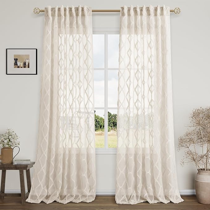 Beige Farmhouse Curtains 90 Inches Long Rod Pocket Tan Sheer Privacy Curtains for Living Room Geometric Embroidered Textured Curtain Drapes Neutral Earth Tone Taupe Cozy Window Curtain 90 inch Length