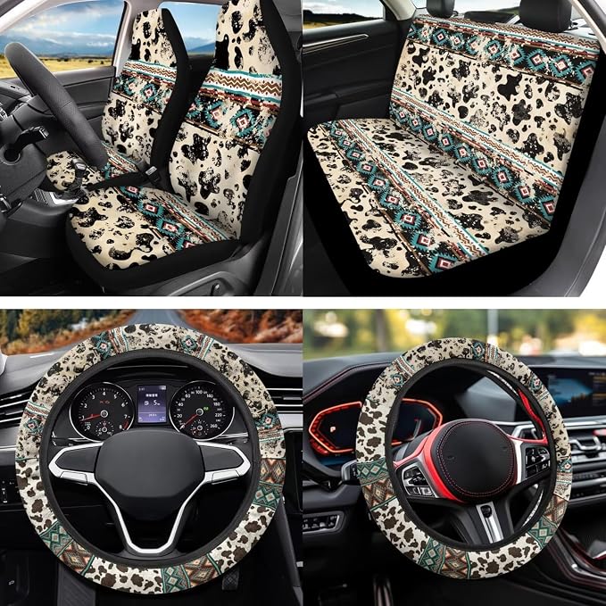 Cow Print Aztec Car Seat Covers Sets 12 Pieces Center Console Cover Car Steering Wheel Cover Seat Belt Pads Car Interior Accessories Universal Fit for Cars SUV