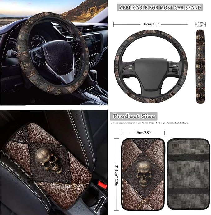 Skull Print Front Back Car Seat Cover with Steering Wheel Cover Headrest Covers Safety Belt Pad Center Console Pad Gear Lever and Hand Brake Covers Cup Cushions Key Chain