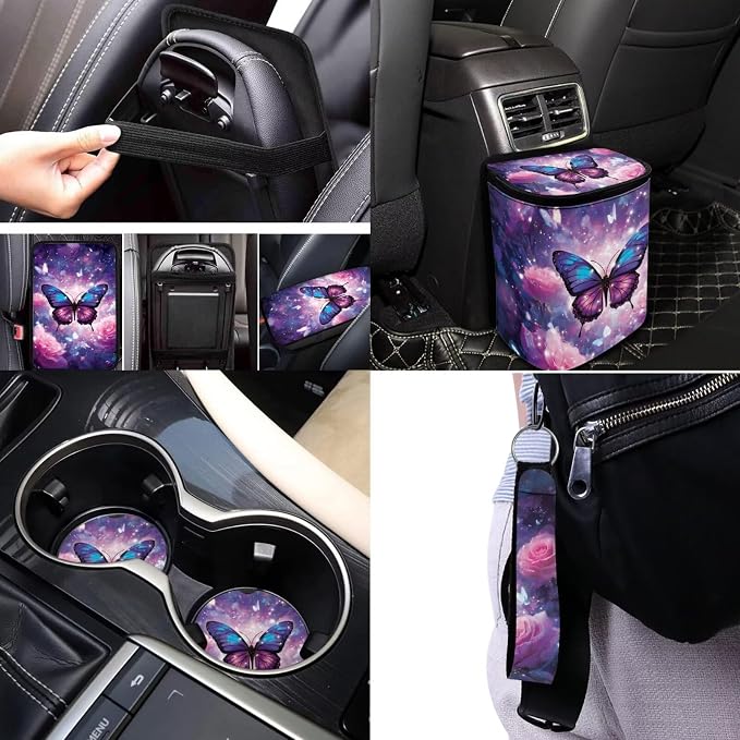 Butterfly Car Seat Covers Full Sets of 17 Pack,Butterfly Car Aaccessories with Auto Trash Garbage Bag,Roses Car Seat Head Rest Protector Universal Automotive Interior Decoration