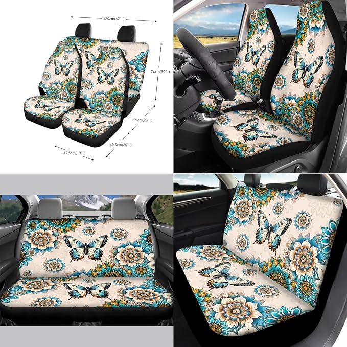 Car Accessories Car Seat Covers Full Set with Steering Wheel Covers+Seat Belt Pads+Coasters+Keychain+Lipstick Holder Universal Fit(13 Pack), Bohemian Mandala Butterfly Print