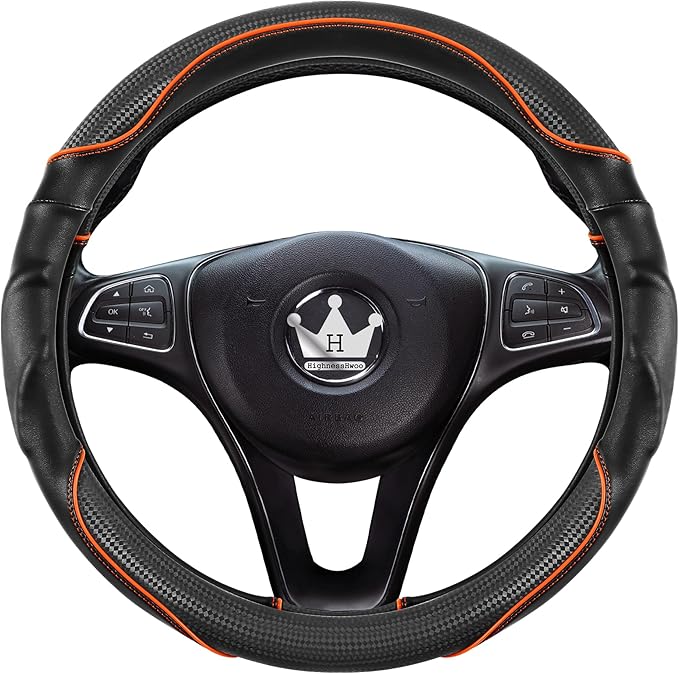 HighnessHwoo 3D Car Steering Wheel Cover Comfort Grip Massage Sporty Anti-Slip Carbon Fiber Faux Leather for F150, Trucks, Jeep, Van, Car Handle Covers for All Seasons, 15.2-16in, Orange