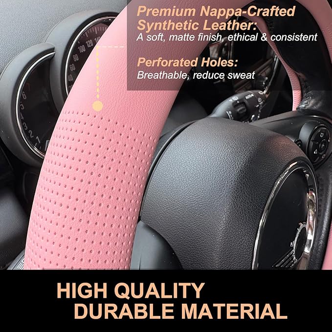 PINCTROT Nappa Leather Steering Wheel Cover, Slim Fit No Bulk Design, One Piece Leather with Breathable Perforation, Fit Like Gloves, Universal 14.5-15 Inch(Nappa Pink)