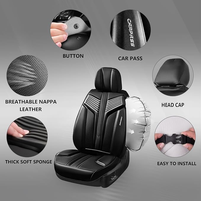 CAR PASS Nappa Leather Seat Covers for Cars, Luxury Waterproof Seat Covers Full Set, 5 Seats Universal Car Seat Protectors, Breathable Car Seat Covers Fit for Most Cars SUV Truck Sedan Automotive