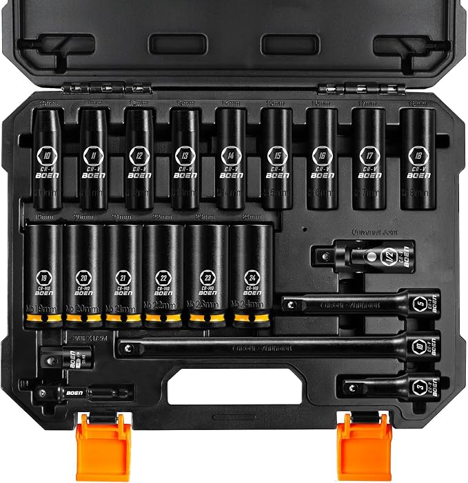 BOEN Pro 41Piece 1/2" Drive Deep Impact Socket Set, SAE 3/8"-1-1/4", Metric 10-24mm, Includes Extensions, Joint, Adapter