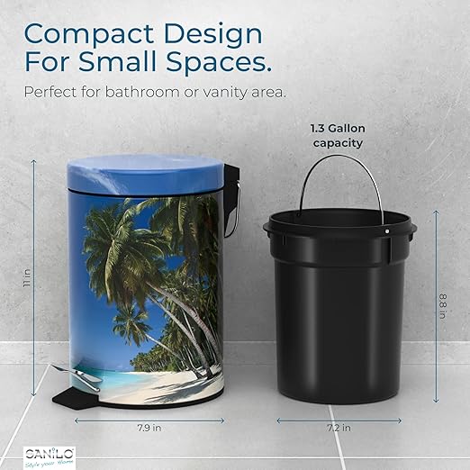 Sanilo Small Bathroom Trash Can with Lid [1.3 Gallon] - Lidded Tiny Trashcan for Garbage - Mini Metal Bin with Soft Closing Mechanism - Bath Room Accessoire Wastebin with Inner Bucket (Caribbean)