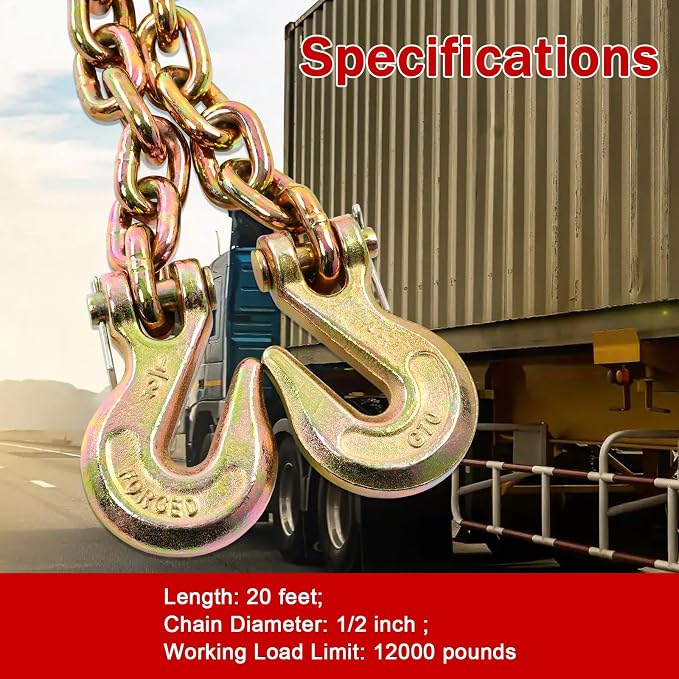 Heavy Duty G80 Transport Binder Chain 1/2'' Inch x 20 Feet,Tow Chain with G70 Clevis Grab Hooks,12000 lbs Safe Working Load Logging Chain for Transporting, Towing(1/2'' x 20FT Yellow).