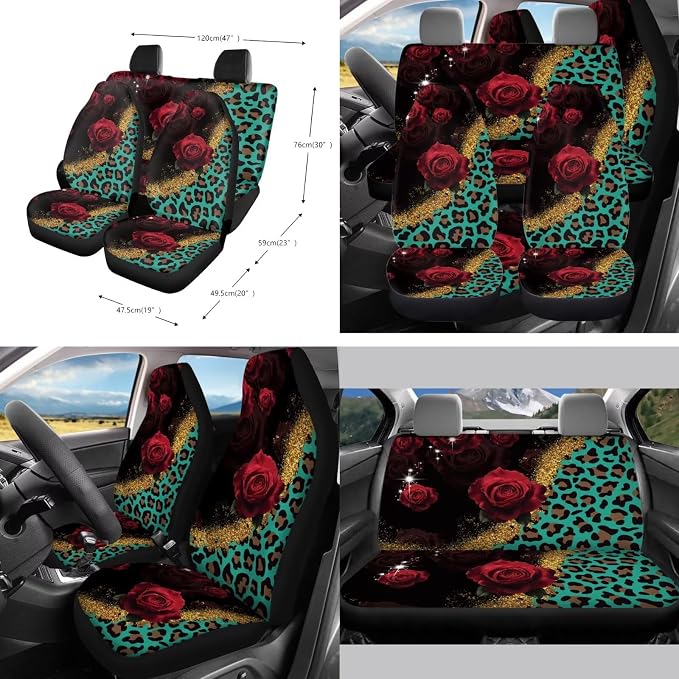Rose Leopard Pattern Car Accessories Sets 10 Pack Elastic Front Rear Bench Bucket Seat Cover Steering Wheel Cover Car Trash Can Auto Air Vent Storage Coaster and Keychain