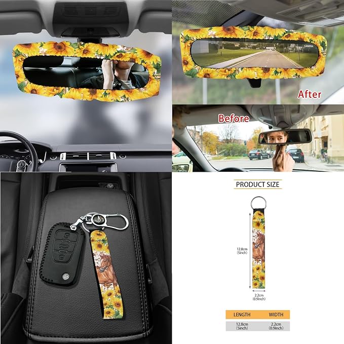 Horse Sunflower Butterfly Print 15 PCS Car Front Back Seat Covers Full Set, Steering Wheel Cover Trash Bag Seatbelt Strap Pad Air Vent Storage Bag Rearview Mirror Cover Coasters Key Chain