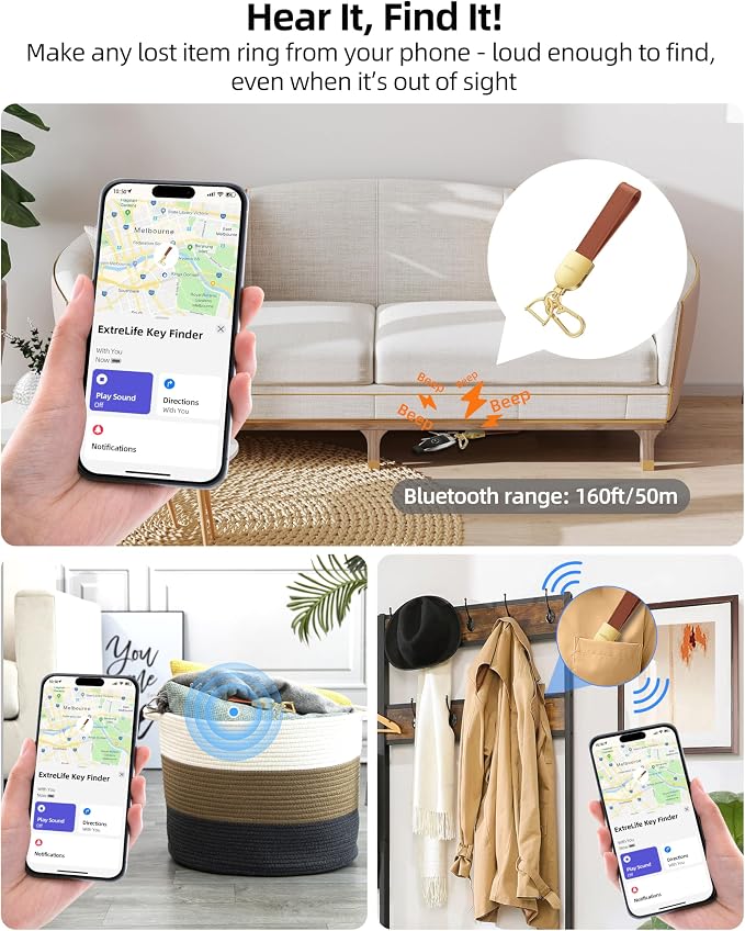 Keychain, Works with Apple Find My, Leather Car Keychain for Women and Men, Car Key Fob Holder, Key Chain with GPS Tracker, Anti-Lost Smart Keys Finder, Rechargeable, Brown