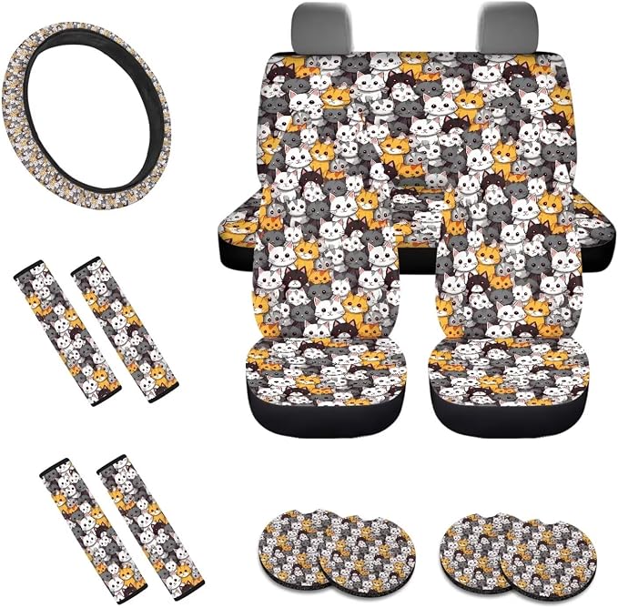 Cat Pattern Women’s 13 Pieces Car Accessories, 4 Pieces Auto Seat Covers with Elastic Backing, 1 Piece Steering Wheel Cover, 4 Safe Belt Pads, 4 Cup Coasters as Gift for Family Friend