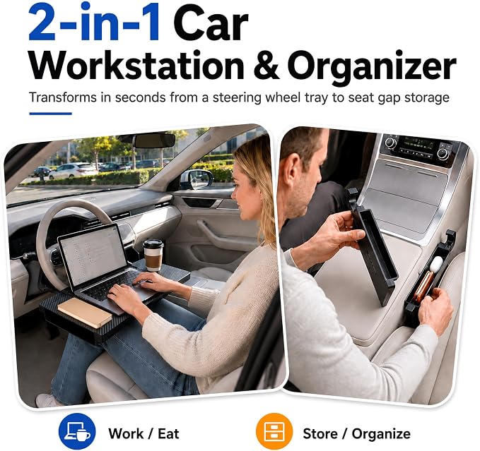 2-in-1 Steering Wheel Tray for Car & Car Seat Gap Filler Organizer, Foldable Car Table with Carbon Fiber Look for Eating, Tablet or Laptop Tasks, Fits Standard Round Steering Wheels, Parked Use Only