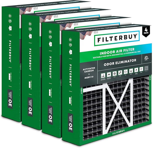 Filterbuy 16x20x5 Air Filter MERV 10 Odor & Allergy Defense with Activated Carbon (4-Pack), Pleated HVAC AC Furnace Filters for Honeywell, Lennox X0592, and More (Actual Size: 15.75 x 19.75 x 4.38)