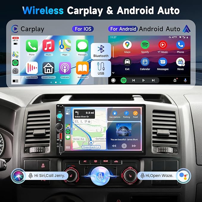 Upgraded Double Din Car Stereo with Wireless Carplay Android Auto, 7 Inch IPS Touch Screen Radio with Bluetooth 5.0, Mirror Link,FM, SWC, Dual USB Port+Type-C Charging +HD Backup Camera