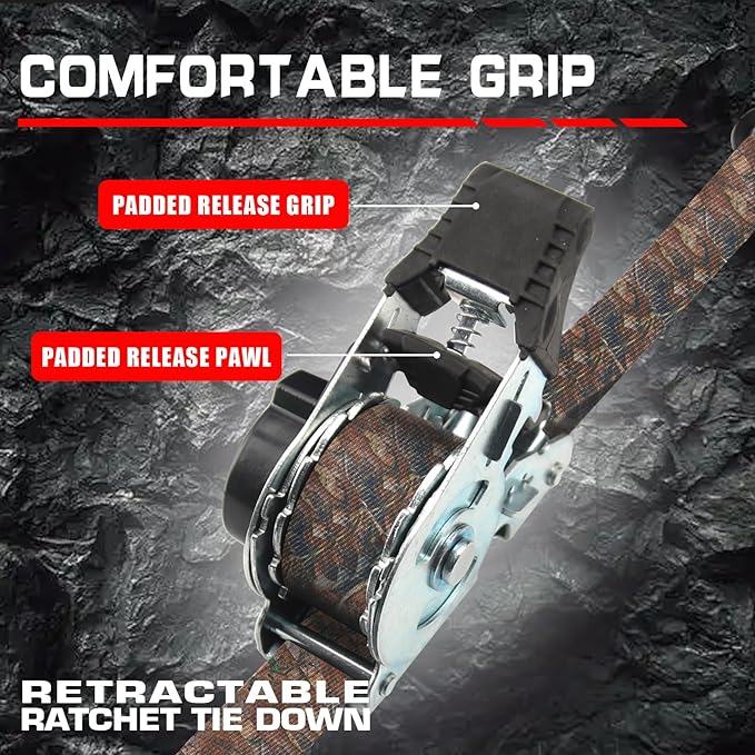 2-Pack Retractable Ratchet Tie Down Straps, 1" x 10ft with Soft Loops & S-Hooks, 1500lbs Break Strength Self-Retracting Cargo Straps for Truck, Trailer, Motorcycle, ATV, Kayak (Camouflage)
