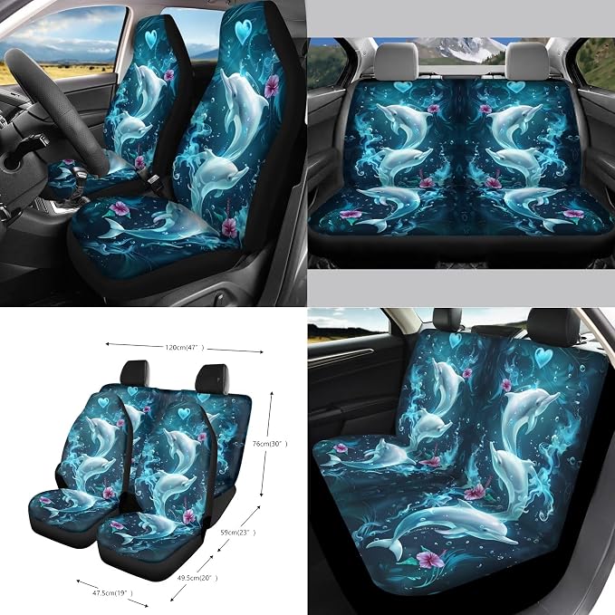 Dolphin Hibiscus Heart Print Car Seat Cover Full Set of 15 Steering Wheel Covers Seatbelt Strap Pad Trash Cans Air Vent Storage Bag Rearview Mirror Cover Cup Holder Keychain