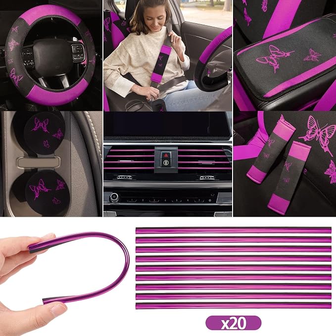 BBTO 47 Pcs Car Seat Full Set Car Accessories for Women 5 Front Rear Seat Covers Wrist Strap 2 Pieces Cup Mat Armrest Pad 2 Belt Cover Accessories for SUV(Purple Black)