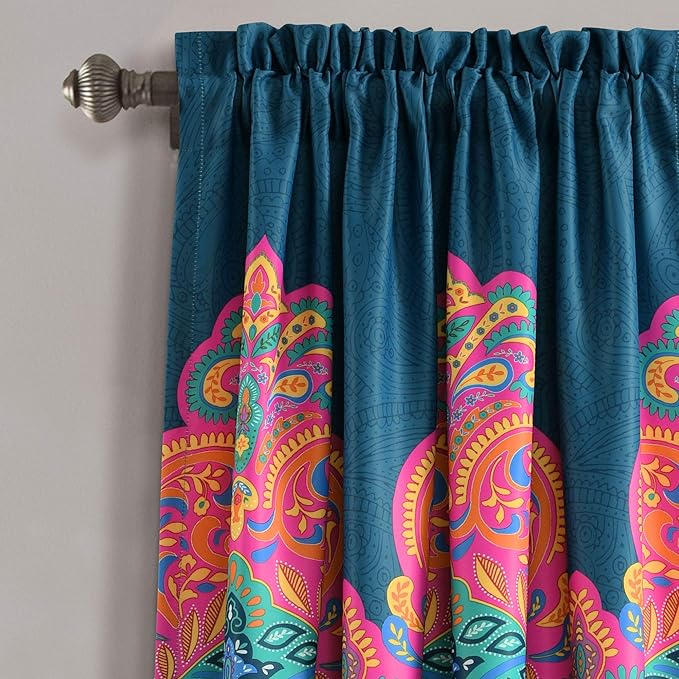 Lush Decor Boho Chic Light Filtering Window Curtain Panel Pair, 84" x 52" + 2" Header, Turquoise and Navy, 84 in x 52 in, Turquoise & Navy