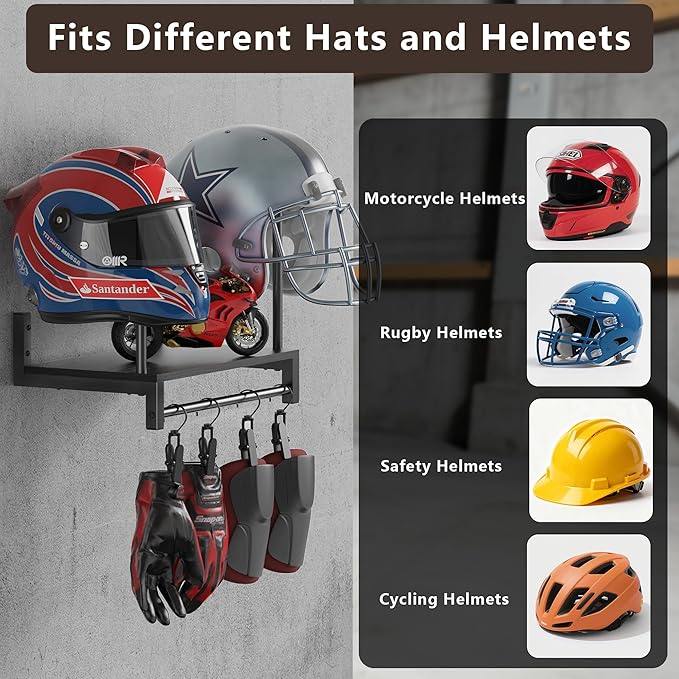 Motorcycle Helmet Holder Wall Mount, Helmet Rack with 4 Glove Clips, Motorcycle Gear Rack Storage, Motorcycle Accessories Organizer for Entryway or Garage