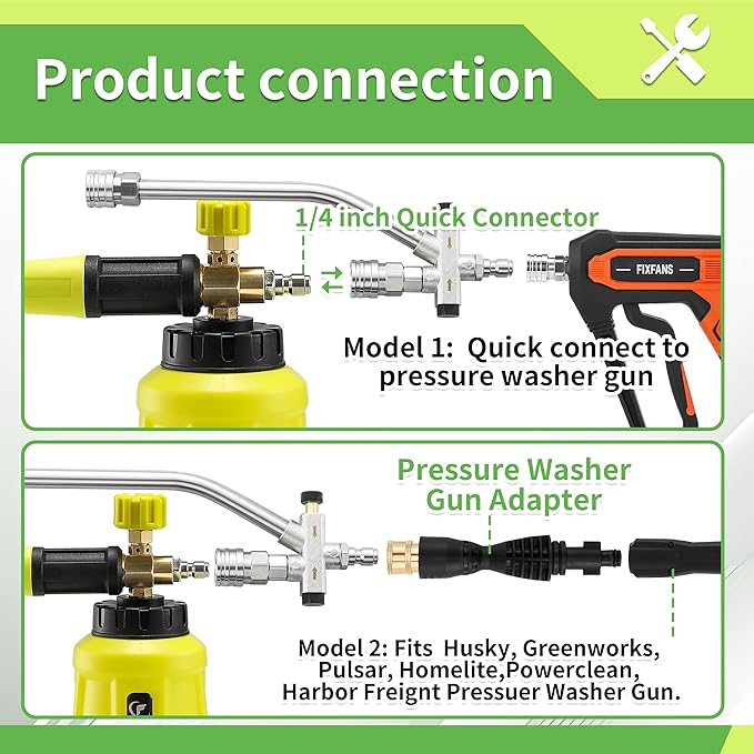 FIXFANS Foam Cannon Dual Connector Accessory for Pressure Washer, Double Tip Attachment Soap Cannon with Replacement Adapter for Portland Husky and Ryobi Power Washer, 1/4" Quick Connect, 5 Nozzles