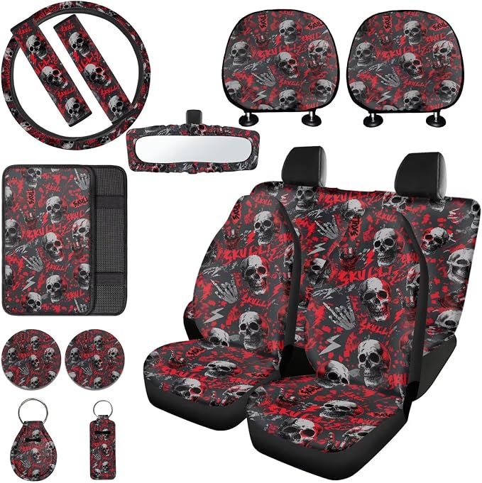 Skull Skeleton Print Car Seat Cover Full Set with Steering Wheel Covers Auto Seat Belt Pads Car Armrest Pad Car Rear View Mirror Protector Universal Fits, 15 Pack, Red