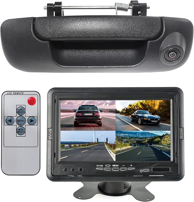 EWAY Tailgate Handle Backup Camera 7 Inch TFT LCD Monitor Kit for 2002-2008 Dodge RAM 1500 2500 3500 Rear View Reversing Backing Cameras Monitor Kit Optional Guideline