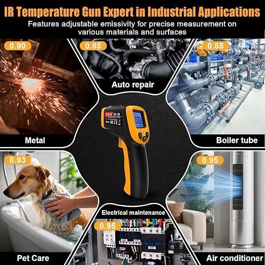FKM Infrared Thermometer Gun Non-Contact Laser Temperature Gun,-58°F~1112°F,Adjustable Emissivity,Digital IR Thermometer Gun for Industrial,HVAC,Automotive,Cooking,Griddle,Pizza Oven,BBQ,Not for Human