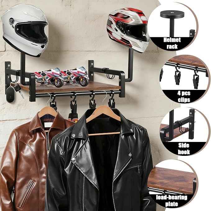 Helmet Wall Mount, Motorcycle Helmet Holder with Shelf, 2 Helmets Stand, 4 Glove Chips and 2 Hooks, Helmet Display Mount for Most of Helmet and Clothes
