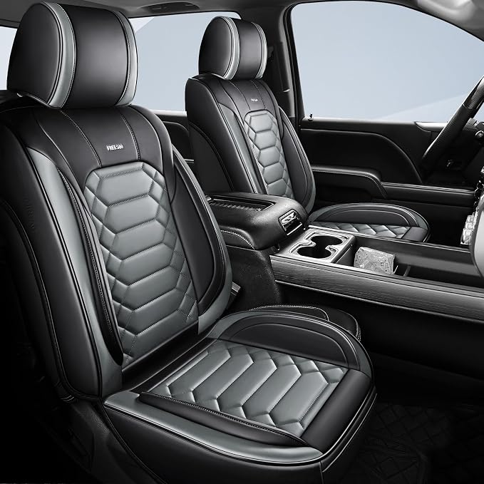 FREESOO 2014-2018 for Silverado 2 Front Seat Covers, Fit for Chevy Silverado GMC Sierra 1500 2500 3500 Crew Cab Waterproof Truck Seat Covers BlackGrey