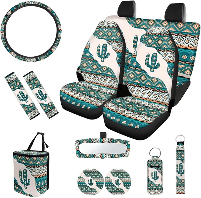 Aztec Cactus Car Seat Covers Set of 12 Car Seat Belt Pad Cover Steering Wheel Cover Car Trash Can Rear View Mirror Cover Car Cup Coasters Keychains Keychain Holder