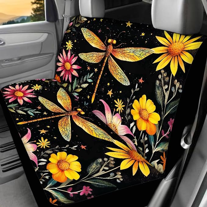 17 Pack Dragonfly Car Accessories Full Set,Star Moon Dragonfly Car Seat Covers Set with Car Mats Full Set Seat Belt Cover Pad Steering Wheel Cover Cup Coaster Sets Universal Auto Interior