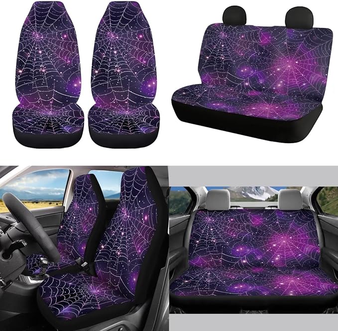Halloween Galaxy Spider Web Car Seat Covers Set for Front Rear Seats,14Pcs Halloween Theme Car Steering Wheel Cover,Seatbelt,Keychain,Car Interior Mirror Covers,Vehicle Coaster,Univesal Fit