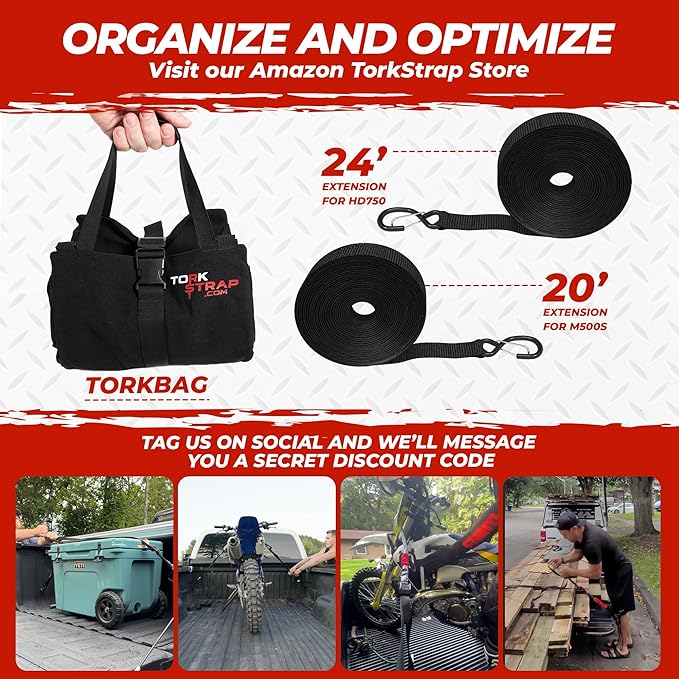 TorkStrap M500 | 14' x 1'' Self Tensioning Tie Down Straps - Automatically Adapt to Load Shifts - 1,500LB Break Strength - Pull Alternative to Ratchet Straps - Integrated Soft Loops & Hooks (4-PK)