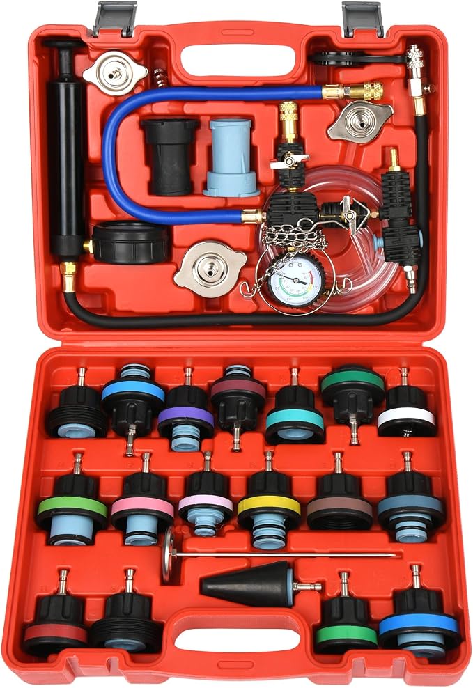 28PCS Universal Automotive Water Tank Leak Test Detector Pneumatic Vacuum Coolant Change Set，Radiator Coolant Pressure Tester Vacuum Refill Tool Kit (Red 2)