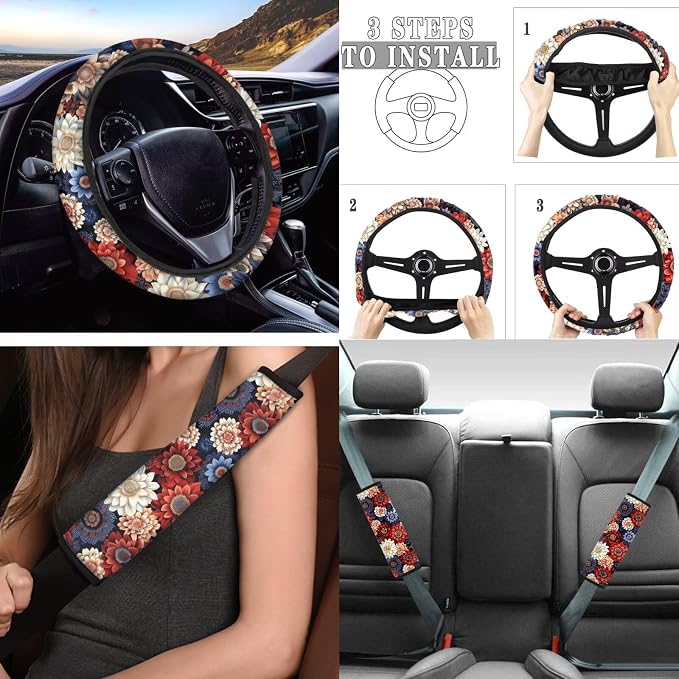 Tupalatus 9 Pieces Bohemian Flower Car Seat Covers 2 Front Seats Universal Fit Steering Wheel Cover Auto Seat Belt Cover Coasters Gear Shift Cover Hand Brake Cover Car Interior Accessories