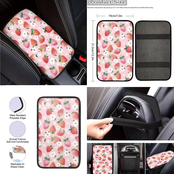 8 Pcs Strawberry Car Seat Covers Full Set Car Accessories for Women Front Seat Cover Steering Wheel Armrest Cover Seat Belt Cover for Auto SUV Interior Decoration
