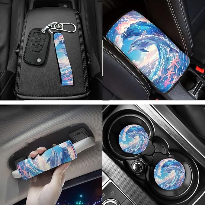 Spray Dolphin Car Interior Accessories Set of 18, Car Seat Covers Full Set with Steering Wheel Cover Floor Mats Armrest Pad Seat Belt Pads Roof Handle Wraps Cup Coaster Keychain