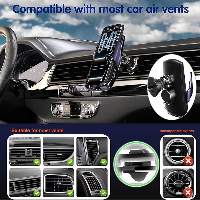 15W Wireless Fast Car Charger, Auto-Clamping Car Phone Holder with Rotating Vacuum Suction, Smart Sensor, 360° Adjustable Dashboard & Windshield Mount for iPhone & Samsung (Dark Purple)